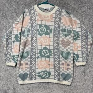 Vintage Jessica Roberts Sweater 2X Pastel Hearts Roses 80s Cottagecore Valentine